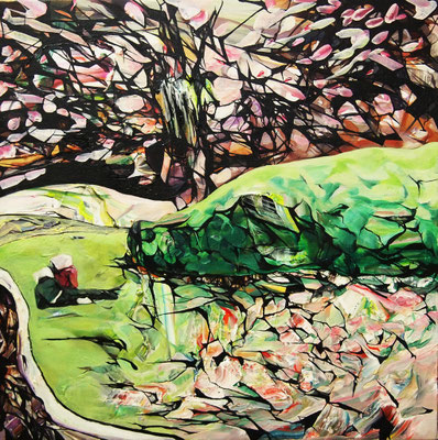 薄紅散らす追分　　　キャンバスに油彩 　　410×410mm