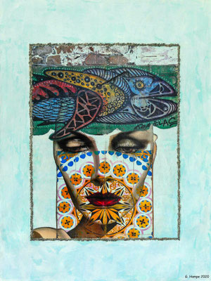 The fish, the face and the azulejos 60x80x4 Leinwand