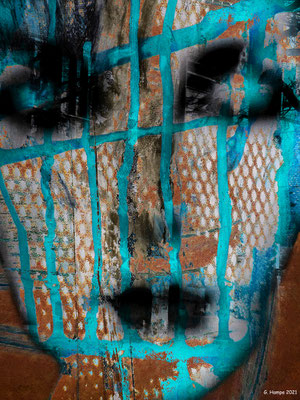 The face with cyan blue stripes