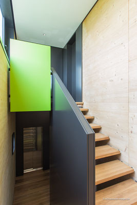 Treppe mit Brüstungsmöbel und Wandverkleidungen / Entwurf: Gronych + Dollega Architekten