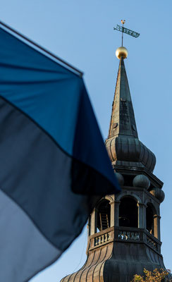 Church tower with Estonian flag