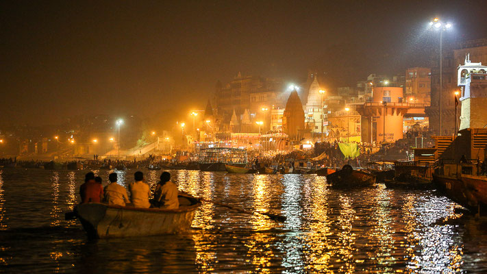Boat scene opposite the Varanasi ghats in India