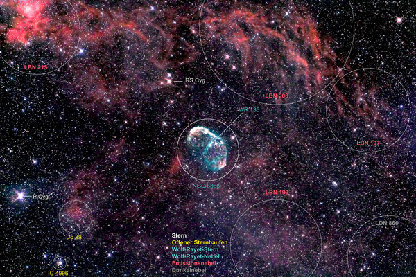 Crescent-Nebel NGC 6888 und Umgebung /  EOS 650Da am 150/600mm-Newton / UHC-Filter / Gesamtbeichtungszeit: 50 Minuten