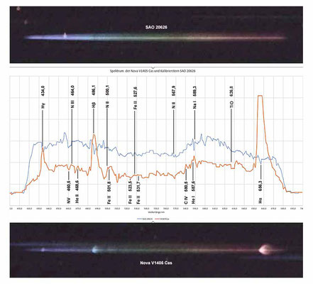 Spektrum der Nova V1405 Cas und Kalibrierstern SAO 20626