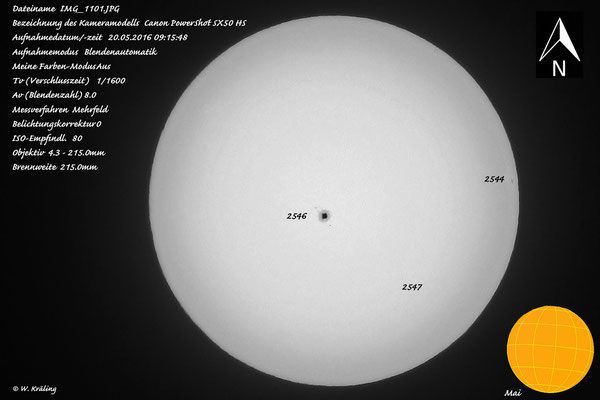 20. Mai 2016, auffällige Sonnenfleckengruppe AR 2546 dominiert die Sonnenmitte.