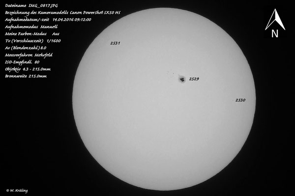 14. April 2016, die Sonnenfleckengruppe AR 2529 nahe der Sonnenmitte. Aufnahme mit Canon PowerShot SX 50 HS mit Sonnenfilter ND3,8.