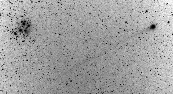 Kontrastverstärkte S/W- Aufnahme von Komet C/2014 Q2 (Lovejoy) bei den Plejaden. Trotz Auswirkung der Lichtverschmutzung ist zu erkennen, dass der schwache Gasschweif bis unterhalb der Plejaden reicht. 17. Januar 2015 mit 200mm- Teleobjektiv.