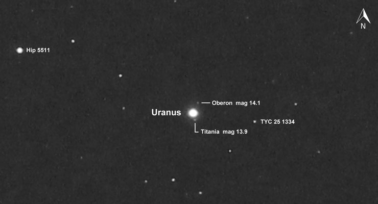 Uranus mit den 2 hellsten der 27 Uranusmonden Titania und Oberon. Aufnahme am 2.10. 2015 mit EOS 650D am TSApo60.