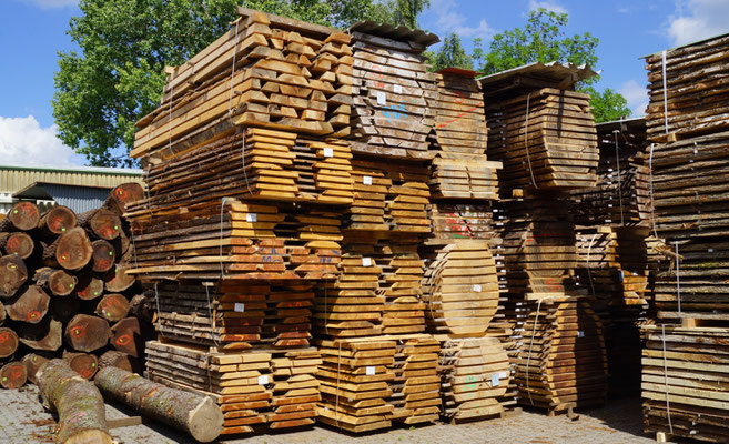 Yard with round logs and lumber in Hamburg, GERMANY