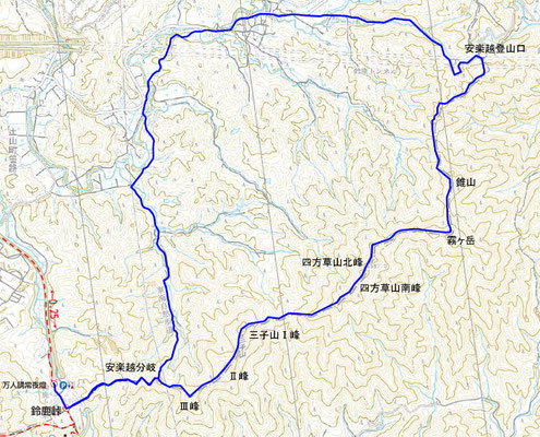 四方草山から三子山周回地図。急坂を登りで通過する時計回り。