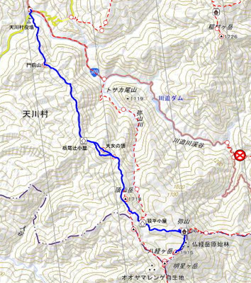 天川村川合から弥山・八経ヶ岳地図