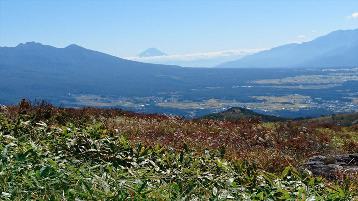 左、八が岳連峰。富士山、右、南アルプス