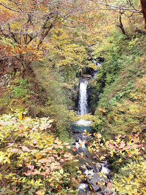 谷川沿いには、小さな滝も見えます。