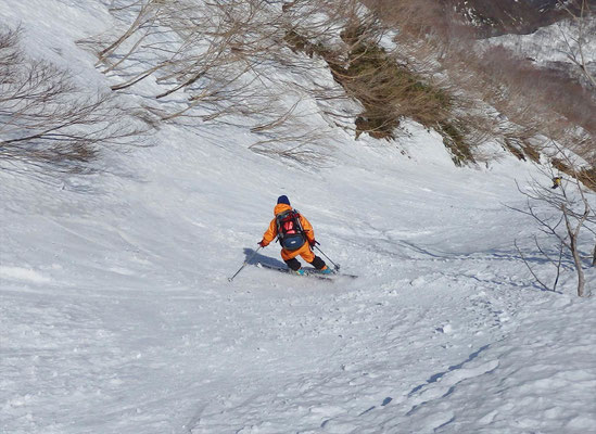 野伏ケ岳中央ルンゼを滑る私