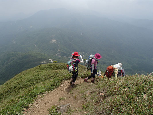 県境の尾根を眺めながらの下山です