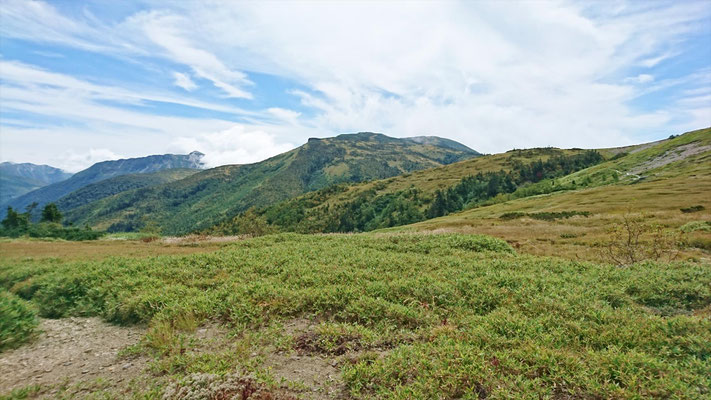 太郎平小屋前から黒部五郎岳(やや左)と北ノ俣岳(中央)