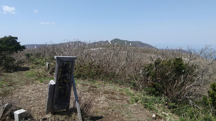 山頂標識、奥に見えるのは部子山