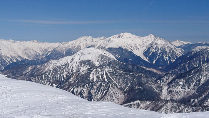 猫岳山頂から、手前、焼岳。奥が穂高連峰