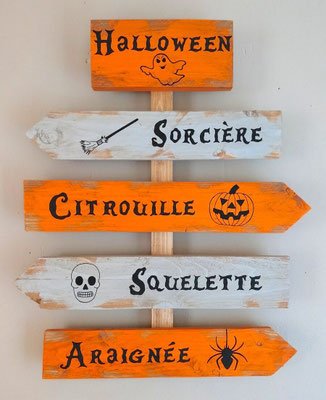 Panneau directionnel décoratif pour Halloween, à suspendre, peint en gris et orange, texte et dessins peints à la main en noir