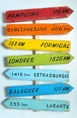 Panneau indicateur en bois multicolore, destinations de villes traduites en espagnol pour une personnalisation internationale 