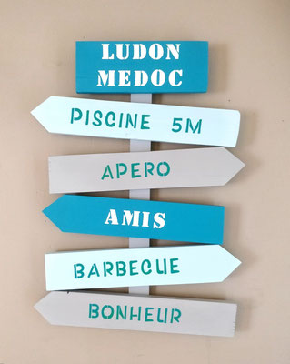 Panneau fléché en bois de palette, flèches peintes en turquoise et bleu pour une ambiance bord de mer autour d'une piscine