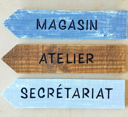 Panneaux indicateurs en bois personnalisés en bleu et bois, indiquant une signalétique de commerce ou d'entreprise, "magasin", "atelier" et "secrétariat"