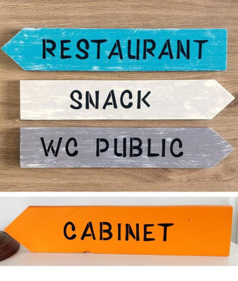 Montage de panneaux fléchés en bois indiquant "restaurant" en bleu, "snack" en beige, "wc public" en taupe et "cabinet" en orange