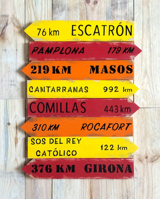 Flèches bois orange, jaune et rouge texte indiquant des destinations et des km peints en noir, posées sur du bois brut