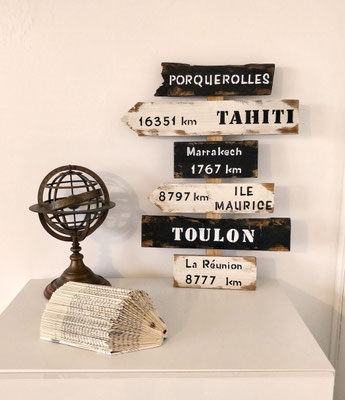 Panneau indicateur noir et blanc personnalisé avec des lieux comme Porquerolles ou La Réunion, posé sur un meuble blanc