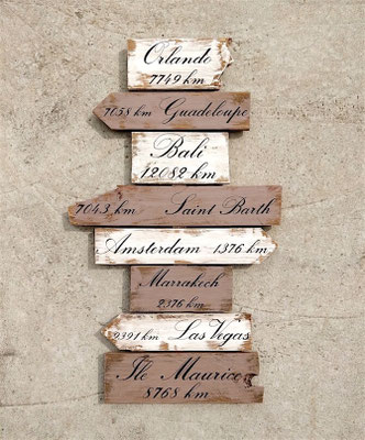 Panneau indicateur personnalisé, composé de morceaux de bois éclectiques dans l'esprit bois flotté, personnalisé de destinations comme Bali, Amsterdam ou Guadeloupe