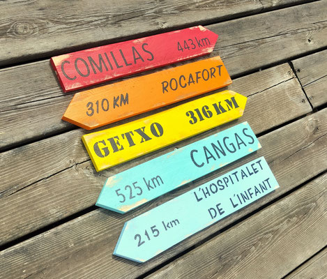 Flèches en bois très colorées posées sur une terrasse extérieure avec des villes et leur distance peints avec des écritures différentes