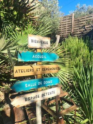 Panneau de direction extérieur turquoise et bois, flèches indiquant l'accueil et les différentes prestations d'un salon de beauté