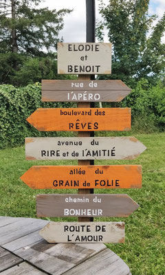 Panneau directionnel dans un jardin, flèches orange et beige et texte personnalisé sur le thème de l'amour, du bonheur et de la joie