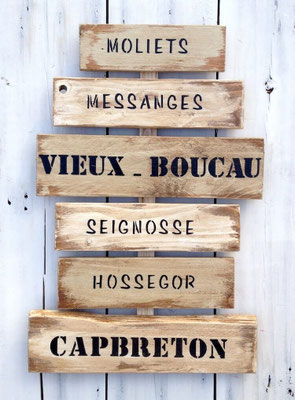 Panneau décoratif inspiration bois flotté, peinture vieillie, texte sur les villes du sud Ouest de la France peint en noir