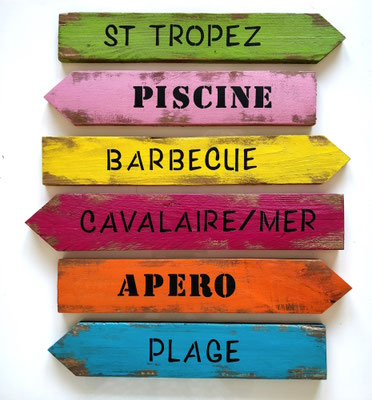 Flèches multicolores posées sur un mur blanc indiquant la piscine, le barbecue et l'apéro pour décorer un jardin