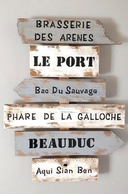Panneau indicateur rappelant le bois flotté, personnalisé en gris et blanc dans une ambiance vacances à la plage