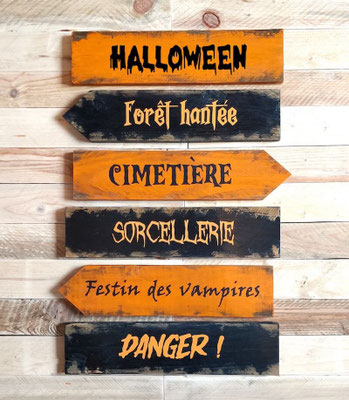 Pancartes et flèches en bois décoratives pour Halloween, peintes en noir et orange