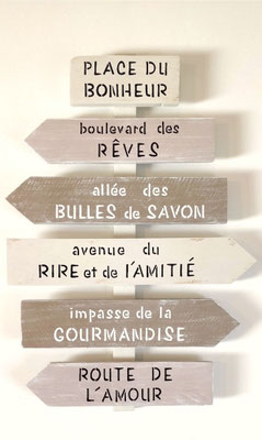 Panneau fléché accroché sur un mur blanc peint à la main dans des tons chauds personnalisé sur le thème du bonheur et du rire