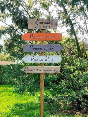 Panneau de direction sur pied orange et beige indiquant les directions d'une pension pour animaux posé à l'accueil d'un jardin