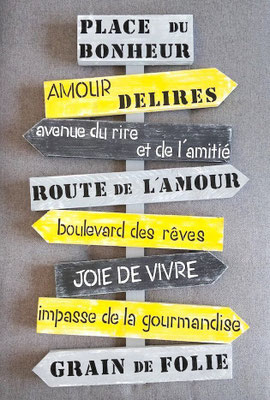 Panneau directionnel fléché personnalisé en jaune et noir posé sur un fond gris, texte inspirant sur le bonheur, la gourmandise et les rires
