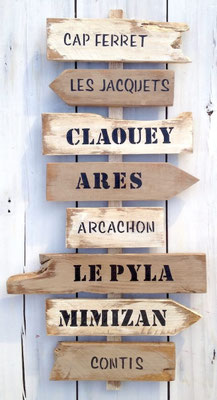 Panneau indicateur style bois flotté, taupe et blanc, personnalisé avec les villes du bassin d'Arcachon