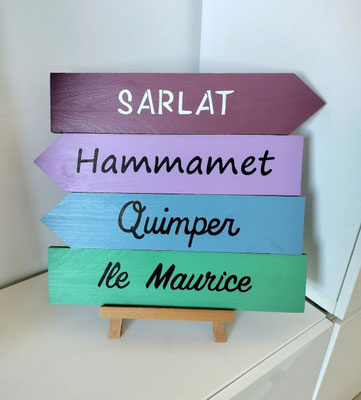Pancartes directionnelles en bois, peintes en bleu, vert et violet, texte noir calligraphié indiquant des destinations