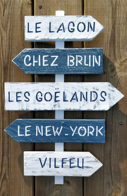 Panneau directionnel personnalisé, flèches et noms calligraphiés en bleu et blanc 