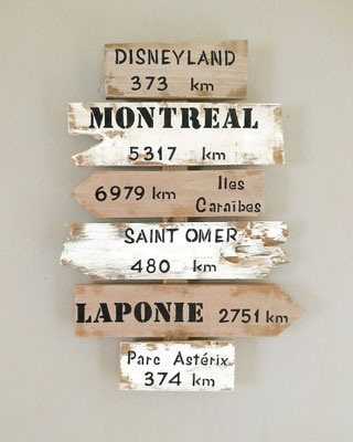 Panneau directionnel bois blanc et taupe, indiquant des destinations comme Montréal, Disneyland ou Laponie