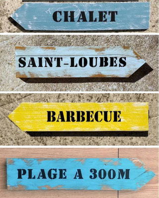Composition pancartes directionnelles personnalisées en différents bleus et jaune, indiquant "Chalet", "barbecue" et "plage"
