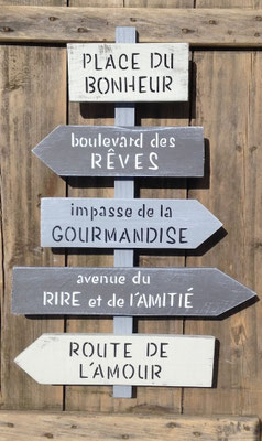 Panneau directionnel gris et beige, personnalisé avec des métaphores sur les différentes pièces de la maison comme "boulevard des reves" ou "rue de la gourmandise"