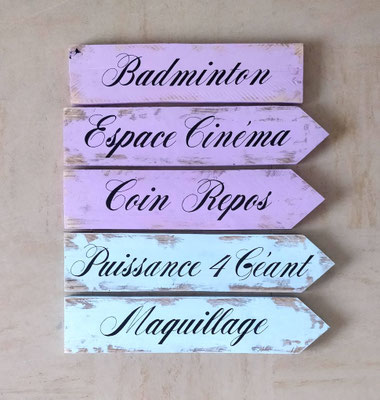 5 flèches peintes en parme et bleu clair, texte noir calligraphié indiquant "Badminton", "Cinéma", "Maquillage" ou "Coin repos"