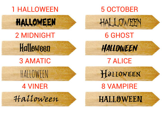 Aperçu des polices d'écritures au choix pour un panneau directionnel Halloween personnalisable