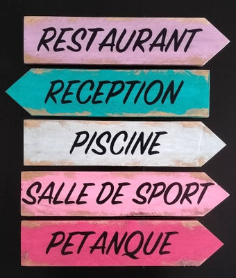 Flèches artisanales personnalisées dans des tons roses et bleus, inscriptions comme "Restaurant", "Piscine", "Réception" ou "Salle de sport", peintes en noir