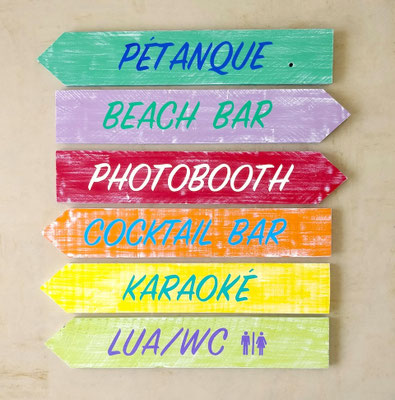 Panneau indicateur extérieur, flèches en bois multicolores, inscriptions colorées pour indiquer les lieux d'un évènement